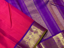 Dual tone Orange Pink with Purple Handwoven Pure Jari Kanjivaram Silk Saree with rich borders with green selvedges rich Pallu and contrast woven blouse