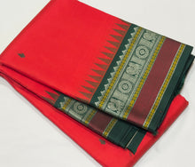 Saraswati- Gorgeous Red with Bottle Green Premium Zariless Korvai Pure Kanjivaram Silk with Buttas woven body rich borders beautiful gandaberundas woven pallu and contrast woven blouse!