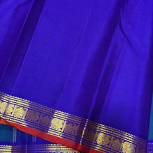 Sahana- Gorgeous Peacock Blue with Violet Combo in a handwoven pure jari Buttas Kanjivaram Silk with small borders orange jamudu with rich pallu and contrast woven blouse