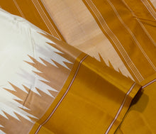 Saraswati- Offwhite with Ganga Jamuna Temple Bordered Handwoven Premium Zariless Korvai Kanjivaram Silk with Seer Mustard Pallu and contrast woven mustard blouse