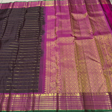 Sahana- Gorgeous Coffee Brown with Dark Magenta Handwoven Pure Jari Kanjivaram Silk with Jari Veldhari woven beautiful body with very beautiful borders with green selvedges rich pallu and contrast woven blouse