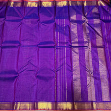 Vadamalli Purple with Gold with Orange Selvedges Kottadi Jari Checks Handwoven Pure Kanjivaram Silk Saree with rich borders pallu and self colored blouse with oosi lines