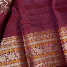 Saraswati- Gorgeous Coffee Brown  With Maroonish Red  Handwoven Premium Zariless Kanjivaram Silk with beautiful muthukattam silk checked body with gorgeous varisaipet borders rich sorgavaasal pallu and contrast woven blouse