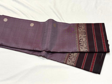 Premium Zariless Weave- Mauve with Brown Handwoven Pure Zariless Kanchipuram Silk Saree with 5 different buttas woven body rich borders gorgeous Sorgavaasal inspired pallu and contrast woven blouse