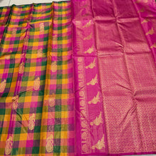 Saranga- Palum Pazhamum Checks with Buttas Vairaoosi Handwoven Pure Jari Borderless Kanjivaram Silk with rich pallu with Kalakshetra kili woven and contrast jari buttas woven blouse