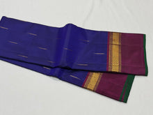 MS Blue with Deep Wine Mallimoggu with Spaced Borders and Green Selvedges Handwoven Pure Jari Kanjivaram Silk Saree Beauty