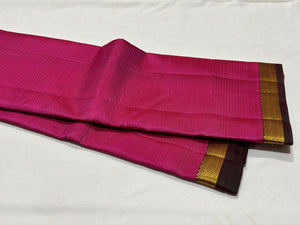 Bright Pink with Dual tone Manthulir Brown Small Border Handwoven Pure Light Weight Kanjivaram Silk Saree Beauty with Striped body