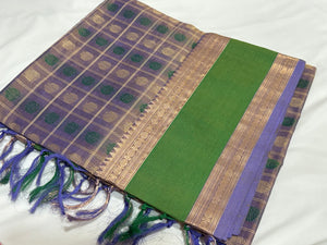 Lavendar with Green 1000 Buttas in Mayil Chakram Handwoven Premium Kanjivaram Silkcotton Saree Beauty