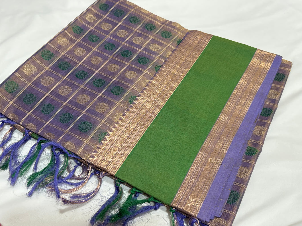 Lavendar with Green 1000 Buttas in Mayil Chakram Handwoven Premium Kanjivaram Silkcotton Saree Beauty