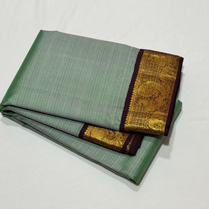 Dual tone Pastel Green short with Grape with Brown Korvai Vairaoosi Handwoven Pure Jari Kanjivaram Silk Saree Beauty