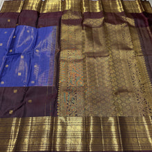 Vaibhogam- Gorgeous Ink Blue with Coffee Brown Vairaoosi with Buttas Handwoven Pure 2g Jari Kanjivaram Silk with beautiful small elephants and peacocks woven body and middle borderd and rich coffee brown borders pallu and contrast woven brown blouse