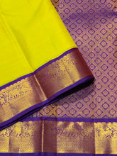 Sarasangi -Beautiful Lime Green with Purple Handwoven Pure Jari Korvai Kanjivaram Silk with small borders with elephants yazhis and peacocks woven borders rich pallu and contrast woven beautiful blouse