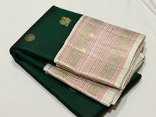 Vaibhogam-Gorgeous Bottle Green with Offwhite Handwoven Pure Jari with Mayil Chakram Buttas Korvai Kanjivaram Silk with  rich meenakari work woven beautiful borders rich woven pallu and contrast woven blouse