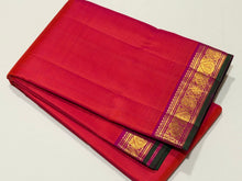 Nayaki- Orange with Pink Handwoven Pure Jari Kanjivaram Silk with Small borders with green selvedges with rich seer pallu and contrast woven blouse
