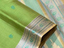 Gorgeous Parrot Green with Beige and Blue Handwoven Pure Zariless Kanjivaram Silk with beautiful thread buttas woven body with gorgeous borders pallu and striped blouse