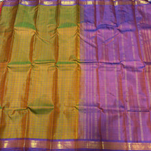 Dual tone Yellow Sampanga with Lavendar Checks Handwoven Pure Jari Kanjivaram Silk Saree Small Borders Beauty