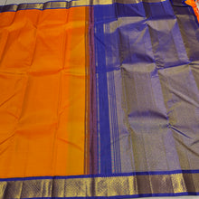 Sarasangi-Gorgeous Mango Orange with Deep Blue Handwoven Jari Korvai Kanjivaram Silk with beautiful borders honey comb design with rich pallu and contrast woven blouse