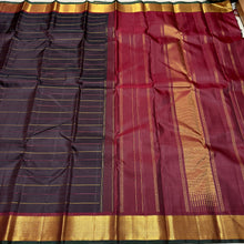 Sahana- Gorgeous Coffee Brown with Maroonish Brown Handwoven Pure 2g Jari Kanjivaram Silk with Neli Veldhari woven beautiful body with rich borders with green selvedges beautiful seer pallu and contrast woven blouse