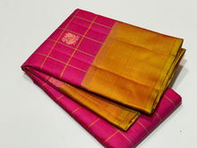 Rani Pink  with Golden Sampanga Checks with 1000 buttas style woven Handwoven Kanjivaram Silk Saree with classy plain borders rich pallu and contrast woven blouse beauty
