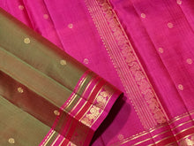 Manthulir Green with Magenta Pink Buttas Handwoven Pure Kanjivaram Silk Saree with beautiful borders rich pallu and contrast woven blouse beauty