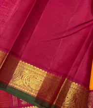 Sarasangi- Vintage Style Mambazham Yellow with Arakku Handwoven Pure 2g Jari Korvi Kanjivaram Silk with Green Selvedges with beautiful gandaberundas woven borders rich pallu and contrast woven blouse