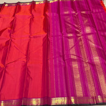 Nayaki- Orange with Pink Handwoven Pure Jari Kanjivaram Silk with Small borders with green selvedges with rich seer pallu and contrast woven blouse