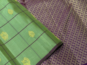 Pastel Green with Purple 1000 Buttas Borderless Handwoven Pure Jari Kanjivaram Silk Saree Beauty