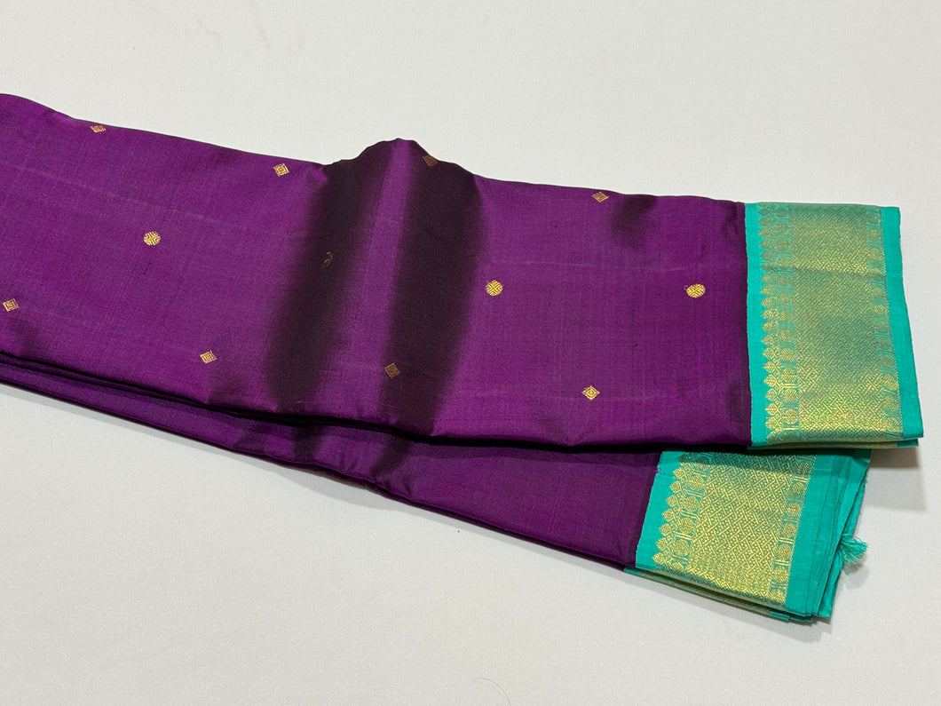 Evergreen Combo- Deep Purple with Turquoise Blue Green Buttas Korvai Handwoven Pure Jari Kanjivaram Silk Saree Beauty