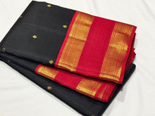 Vaibhogam -Stunning Black with Red Handwoven Pure Jari Kai Korvai Kanjivaram Silk Saree with Doublepet Borders woven body with beautiful small buttas woven all over with rich pallu and contrast woven blouse