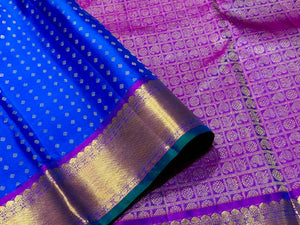 Royal Cobalt Blue with Purple Thodar Buttas Handwoven Pure Kanjivaram Silk Saree Beauty