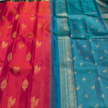 Dual tone Orange Tomato Pink with Peacock Blue Borderless Muthukattam with Double Parrot & Floral Motifs with rich parrots woven pallu and contrast blouse in Handwoven Pure Jari Kanjivaram Silk Saree Beauty