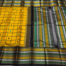 Saraswati- Beautiful Yellow with Deep Blackish Brown Premium Zariless Korvai Handwoven Pure Kanjivaram Silk with neli veldhari checked body with mango and chakram buttas woven with rich varisaipet borders beautiful pallu and contrast blouse