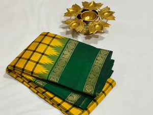 Yellow with Bottle Green Handwoven Pure Zariless Korvai Kanjivaram Silk Saree with doublepet temple borders beauty