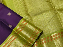 Gorgeous Aubergine Purple with Pastel Green Silver and Twisted Gold and Silver Jari Handwoven Pure Korvai Kanjivaram Silk Saree