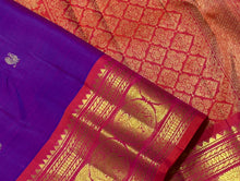 Sahana- Gorgeous Purple with Dual tone Orange Pink Handwoven Pure Jari Kanjivaram Silk with mayil chakram buttas woven body with rich elephants woven borders gorgeous pallu and contrast woven blouse