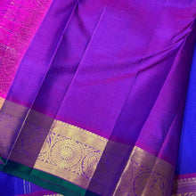 Royal Blue with Purple Buttas Handwoven Pure Jari Kanjivaram Silk Saree with rich buttas woven body , intricate mayil chakram buttas woven borders, gorgeous pallu and contrast woven blouse