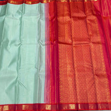Pista Green with Orange Pink Korvai Handwoven Pure Jari Kanjivaram Silk Saree with Vairaoosi Body small 2.5 inch borders rich pallu beauty