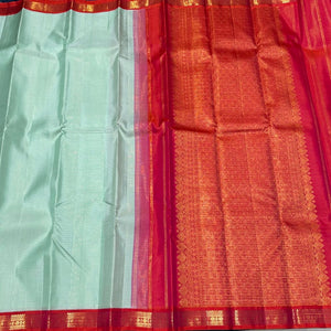 Pista Green with Orange Pink Korvai Handwoven Pure Jari Kanjivaram Silk Saree with Vairaoosi Body small 2.5 inch borders rich pallu beauty