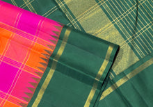 Sarasangi- Palum Pazhamum Checks Handwoven Pure Jari Korvai Kanjivaram Silk with jari kattam woven body beautiful bottle green borders pallu and contrast jari striped blouse