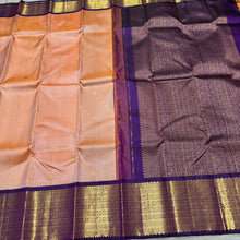 Vaibhogam -Mesmerizing Sandal with Purple Handwoven Pure Jari Korvai with Mayil and kuyil buttas Handwoven Kanjivaram with rich long and short borders beautiful pallu and contrast Purple Blouse