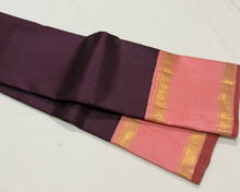 Sarasangi- Stunning Beetlenut Brown with Peachish Pink Handwoven Pure Jari Korvai Kanjivaram Silk with Classic Doublepet borders rich pallu and contrast woven blouse
