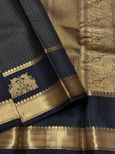 Sahana-Gorgeous Black with Gold Handwoven Pure Kanjivaram Silk with Thematic rettai yazhis and iruthalaipakshis (gandaberundas) motifs woven rich double side borders with beautiful annapakshis and yazhis woven rich pallu and self blouse