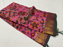 Lotus Pink with Emerald Green Handwoven Handblock Pichwai Printed Self Contrast Silkcotton Beauty