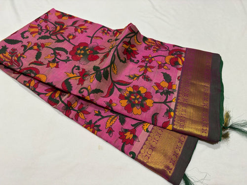 Lotus Pink with Emerald Green Handwoven Handblock Pichwai Printed Self Contrast Silkcotton Beauty