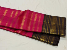 Vaibhogam- Stunning Tomato Reddish Pink with Coffee Brown Handwoven Pure Zari Korvai Kanjivaram Silk with Jari Beldhari Woven Beautiful Body with rich varisaipet borders gorgeous seer rich jari pallu and contrast veldhari striped blouse