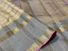 Ivory Cream with Grey Handwoven Pure Zariless 1000 Buttas Style Checked Soft Kanjivaram Silk Saree with Doublepet rudrakshas borders beauty