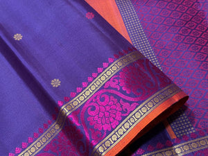 Violetish blue with Pink Handwoven Pure Zariless Small Borders with Buttas Soft Kanchipuram Saree Beauty