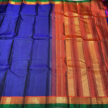 MS Blue with Rust Handwoven Pure Kanjivaram Silk Saree with spaced borders rich pallu and contrast woven blouse beauty