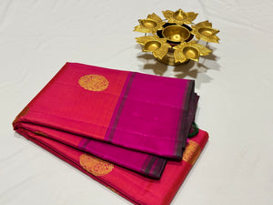 Orange with Fuchsia Pink Buttas Handwoven Pure Jari Kanjivaram Silk Saree with rich pallu and contrast blouse beauty