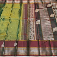 Premium Zariless Vintage Weave- Dual tone Moss Green with Deep Manthulir Handwoven Pure Kanjivaram Silk Saree with Hanging elephants paisleys in borders rich peacocks in shanku woven Pallu and contrast blouse beauty